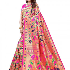 Women's Paithani Silk Saree With unstitched Blouse Piece