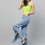 Women Blue Flared Mid-Rise Slash Knee Stretchable Jeans