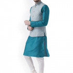 Men Blue Embroidered Kurta with Churidar & Jacket