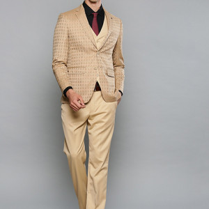 Men Beige and Red Self Checked Slim Fit Single-Breasted Party Suit