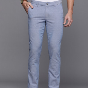 Men Blue Self Design Slim Fit Mid-Rise Regular Trousers